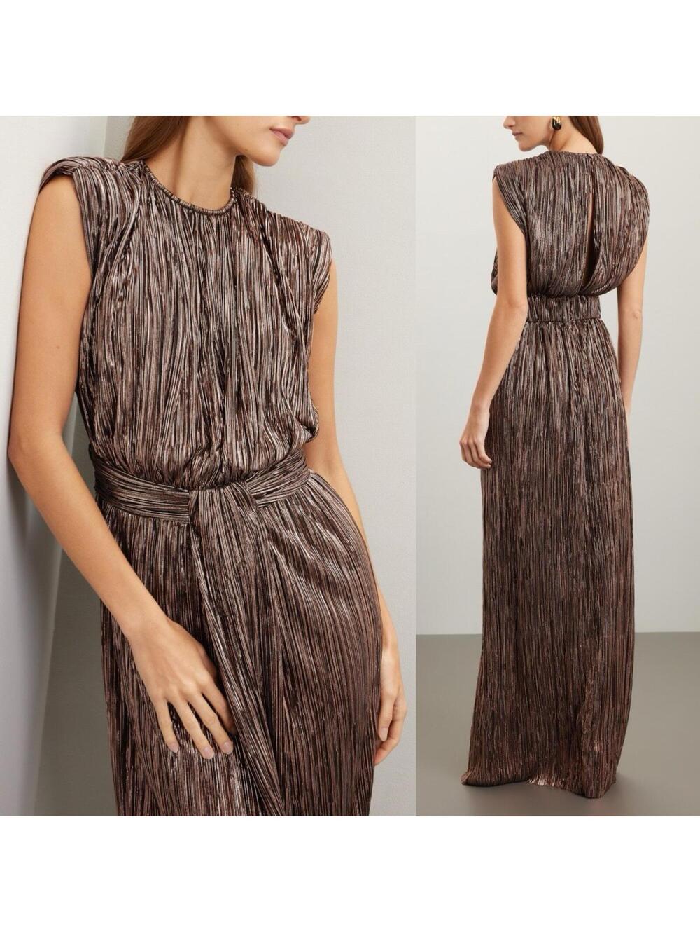 $395 Sabina Musayev Gold Metallic Sivian Gown w/ Padded Shoulders XS*